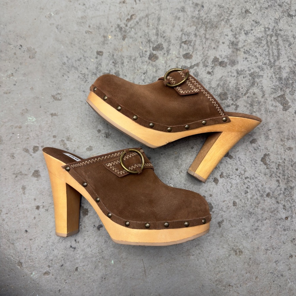 VTG 90s y2k Steve Madden Faris Brown Suede Wooden Platform Clog Mules Studded 7B